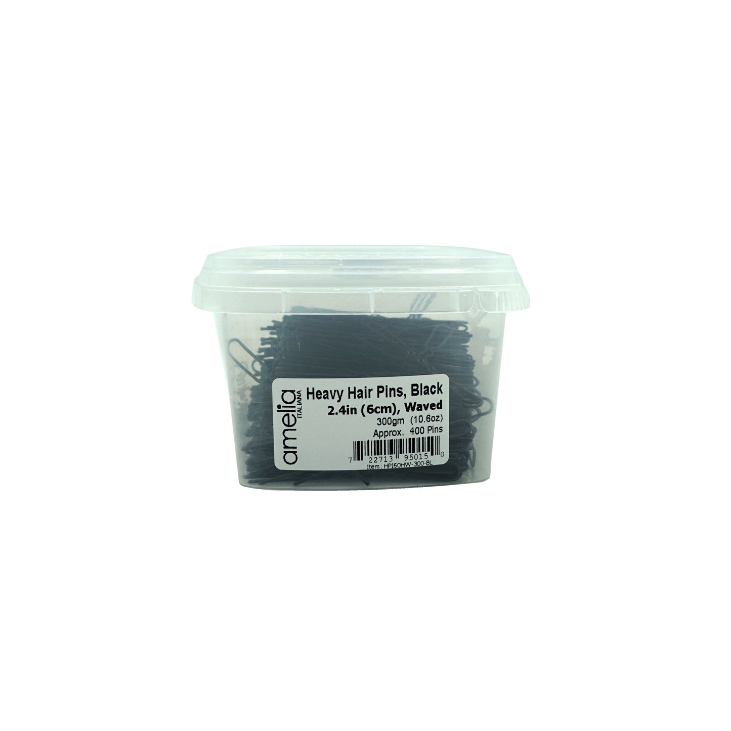 400, Black, 2.4in (6.0cm), Italian Made Heavy Waved Hair Pins, Recloseable Stay Clean and Organized Container - 6 Retail Packs