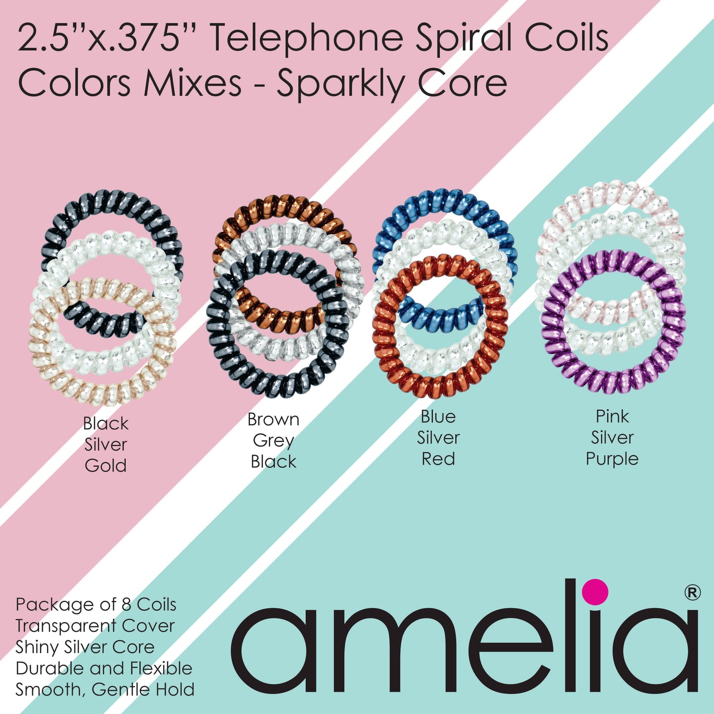Amelia Beauty Products 8 Large Smooth Shiny Center Elastic Hair Coils, 2. 5in Diameter Thick Spiral Hair Ties, Gentle on Hair, Strong Hold and Minimizes Dents and Creases, Blue, Silver and Red Mix - 12 Retail Packs