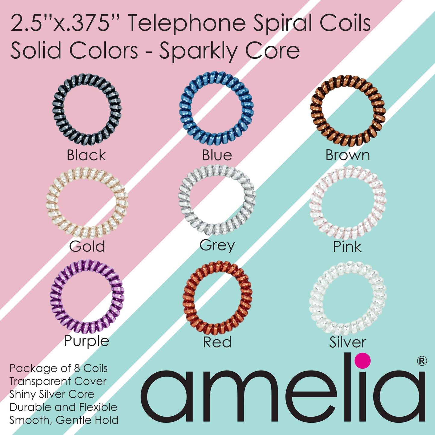 Amelia Beauty Products 8 Large Smooth Shiny Center Elastic Hair Coils, 2. 5in Diameter Thick Spiral Hair Ties, Gentle on Hair, Strong Hold and Minimizes Dents and Creases, Blue, Silver and Red Mix - 12 Retail Packs