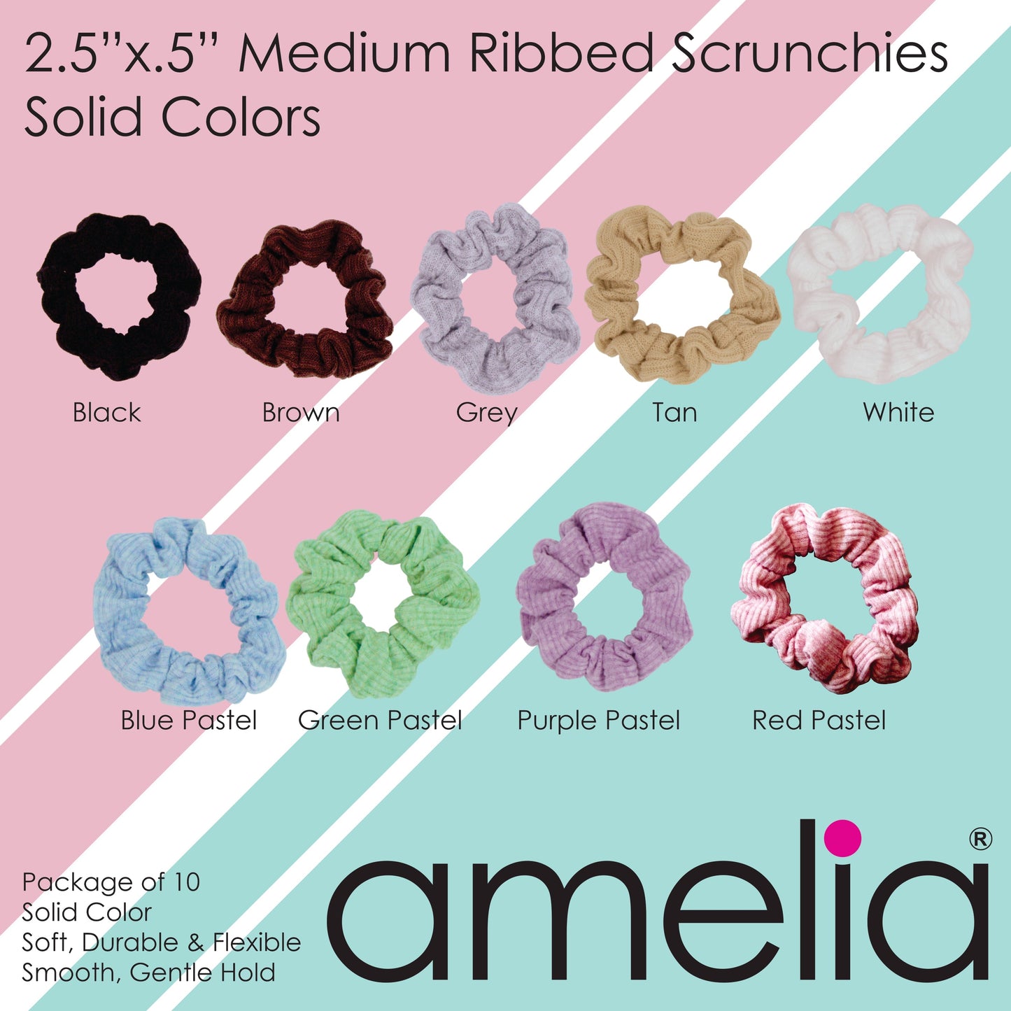 Amelia Beauty, Medium Pastel Mix Ribbed Scrunchies, 2.5in Diameter, Gentle on Hair, Strong Hold, No Snag, No Dents or Creases. 10 Pack - 12 Retail Packs