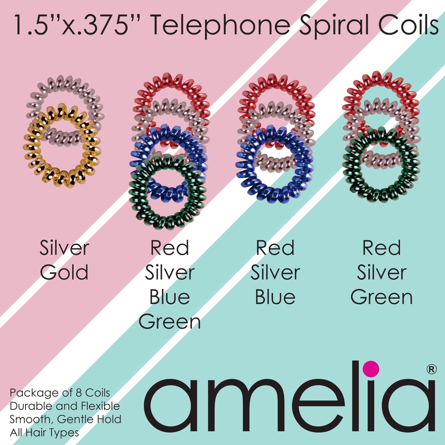 Amelia Beauty, 8 Small Shinny Elastic Hair Telephone Cord Coils, 1.5in Diameter Spiral Hair Ties, Strong Hold, Gentle on Hair, Silver, Red, Blue and Green Mix - 12 Retail Packs