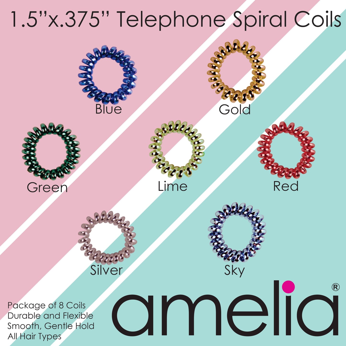 Amelia Beauty, 8 Small Shinny Elastic Hair Telephone Cord Coils, 1.5in Diameter Spiral Hair Ties, Strong Hold, Gentle on Hair, Sky Blue - 12 Retail Packs