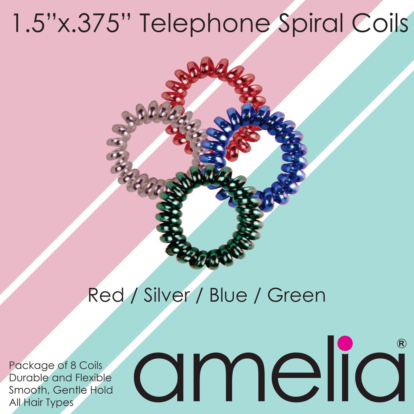 Amelia Beauty, 8 Small Shinny Elastic Hair Telephone Cord Coils, 1.5in Diameter Spiral Hair Ties, Strong Hold, Gentle on Hair, Silver, Red, Blue and Green Mix - 12 Retail Packs