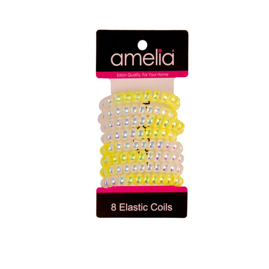 Amelia Beauty Products 8 Medium Smooth Elastic Mutli-Colored Hair Coils, 2.25in Diameter Spiral Hair Ties, Gentle Yet Strong Hold and Minimizes Dents, Yellow/Silver - 12 Retail Packs