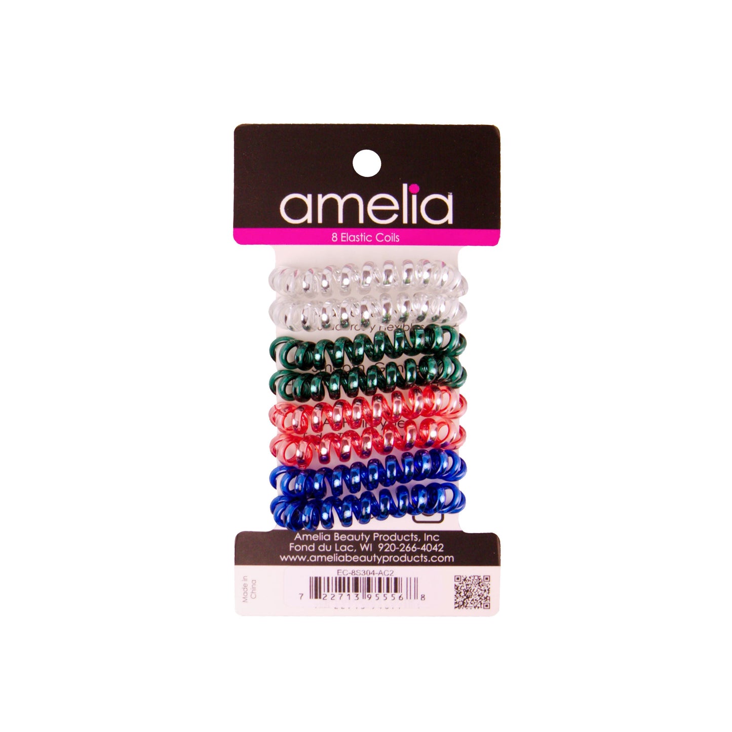 Amelia Beauty, 8 Small Shinny Elastic Hair Telephone Cord Coils, 1.5in Diameter Spiral Hair Ties, Strong Hold, Gentle on Hair, Silver, Red, Blue and Green Mix - 12 Retail Packs