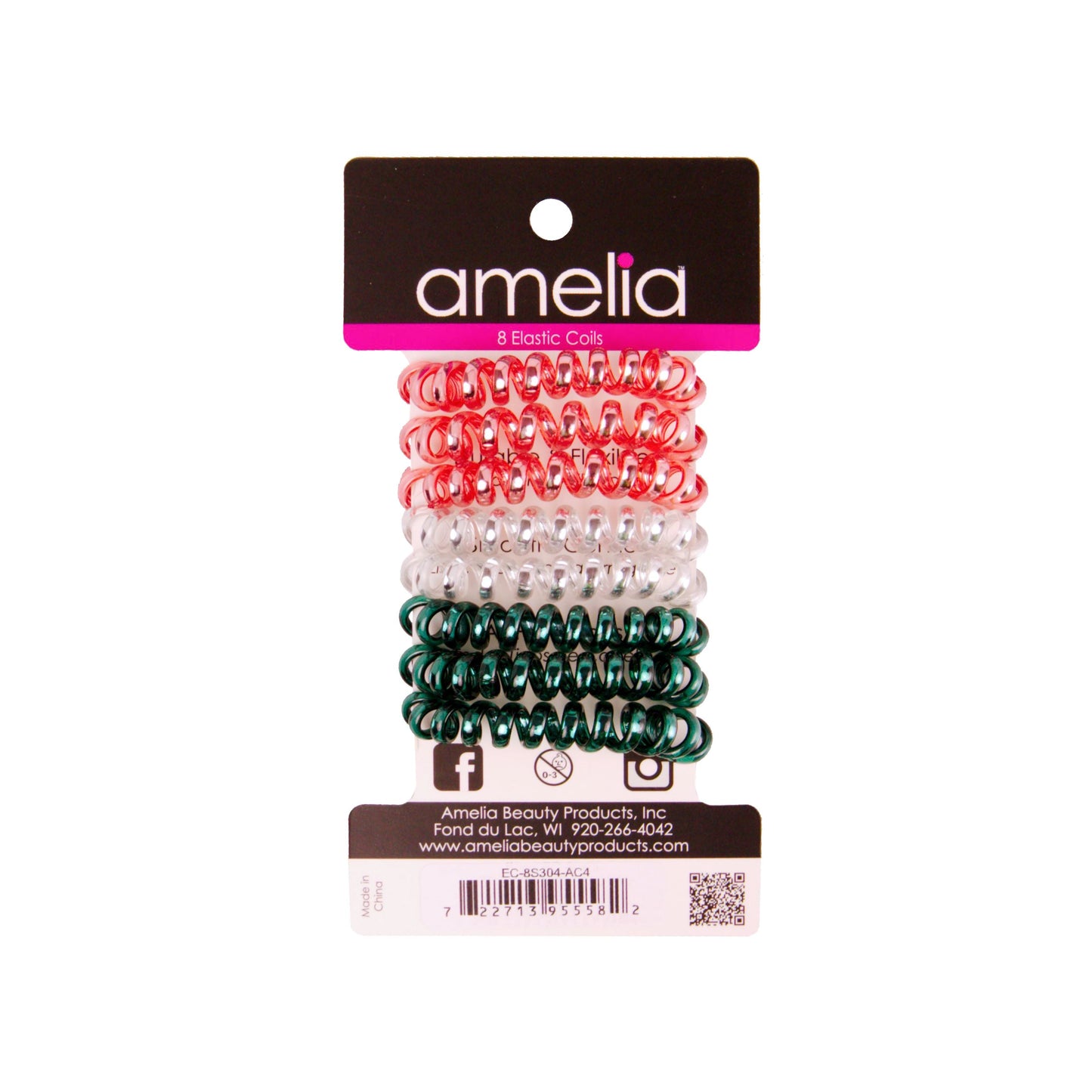 Amelia Beauty, 8 Small Shinny Elastic Hair Telephone Cord Coils, 1.5in Diameter Spiral Hair Ties, Strong Hold, Gentle on Hair, Red, Silver and Green - 12 Retail Packs