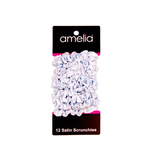 Amelia Beauty, Sky Satin Scrunchies, 2.25in Diameter, Gentle on Hair, Strong Hold, No Snag, No Dents or Creases. 12 Pack - 12 Retail Packs