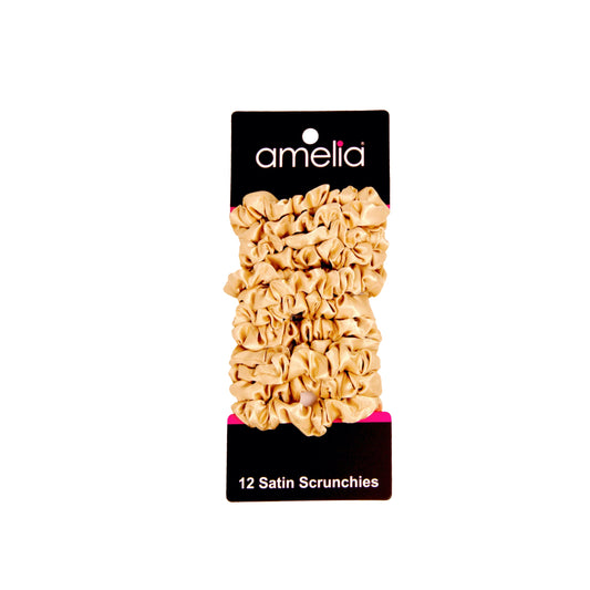Amelia Beauty, Tan Satin Scrunchies, 2.25in Diameter, Gentle on Hair, Strong Hold, No Snag, No Dents or Creases. 12 Pack - 12 Retail Packs