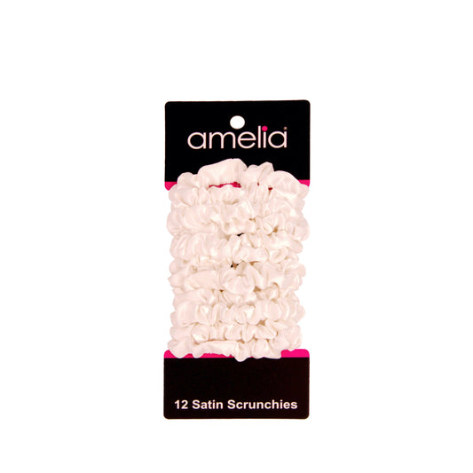 Amelia Beauty, White Satin Scrunchies, 2.25in Diameter, Gentle on Hair, Strong Hold, No Snag, No Dents or Creases. 12 Pack - 12 Retail Packs