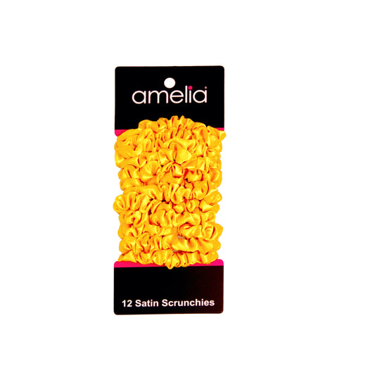 Amelia Beauty, Yellow Satin Scrunchies, 2.25in Diameter, Gentle on Hair, Strong Hold, No Snag, No Dents or Creases. 12 Pack - 12 Retail Packs