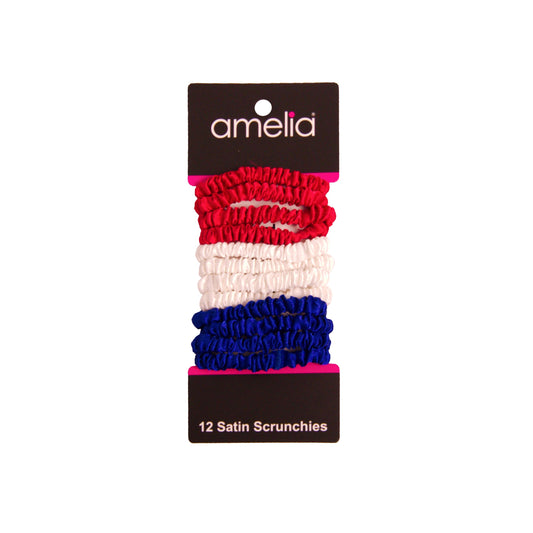 Amelia Beauty, Red, White and Blue Mix Skinny Satin Scrunchies, 2in Diameter, Gentle and Strong Hold, No Snag, No Dents or Creases. 12 Pack - 12 Retail Packs