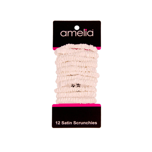 Amelia Beauty, White Skinny Satin Scrunchies, 2in Diameter, Gentle and Strong Hold, No Snag, No Dents or Creases. 12 Pack - 12 Retail Packs