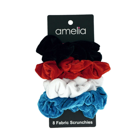 Amelia Beauty Products, Black, Red, White and Blue Velvet Velvet Scrunchies, 3.5in Diameter, Gentle on Hair, Strong Hold, No Snag, No Dents or Creases. 8 Pack - 12 Retail Packs