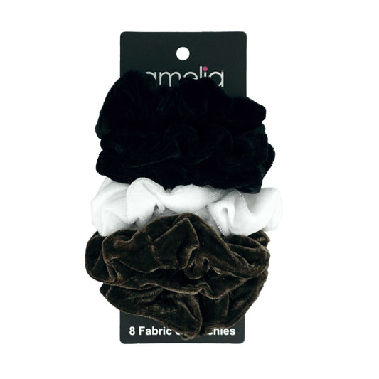 Amelia Beauty Products, Black, White and Brown Velvet Velvet Scrunchies, 3.5in Diameter, Gentle on Hair, Strong Hold, No Snag, No Dents or Creases. 8 Pack - 12 Retail Packs