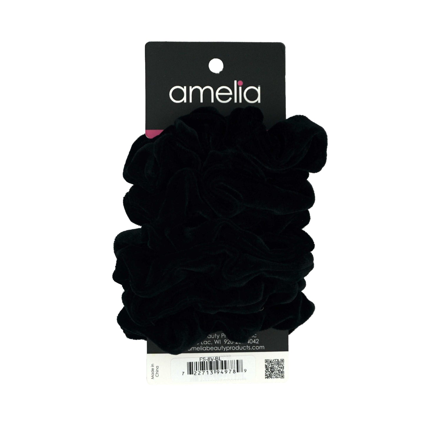 Amelia Beauty Products, Black Velvet Velvet Scrunchies, 3.5in Diameter, Gentle on Hair, Strong Hold, No Snag, No Dents or Creases. 8 Pack - 12 Retail Packs