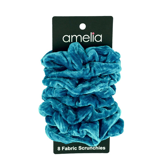 Amelia Beauty Products, Blue Velvet Velvet Scrunchies, 3.5in Diameter, Gentle on Hair, Strong Hold, No Snag, No Dents or Creases. 8 Pack - 12 Retail Packs