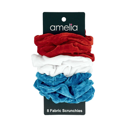 Amelia Beauty Products, Red, White and Blue Velvet Velvet Scrunchies, 3.5in Diameter, Gentle on Hair, Strong Hold, No Snag, No Dents or Creases. 8 Pack - 12 Retail Packs