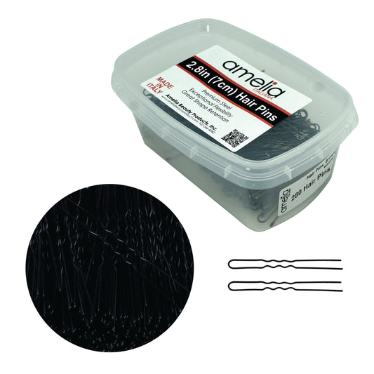 280, Black, 2.8in (7.0cm), Italian Made Waved Hair Pins, Recloseable Stay Clean and Organized Container - 6 Retail Packs