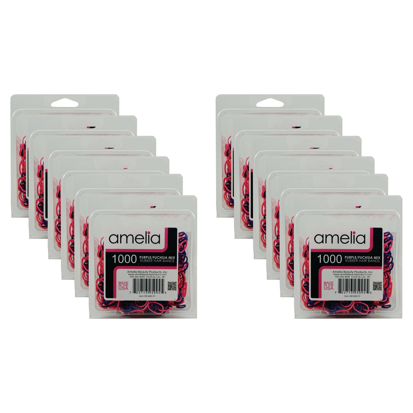 1000, Purple and Fuchsia Mix, Standard Size, Rubber Bands for Pony Tails and Braids, Made in the USA!!  12 Retail Packages